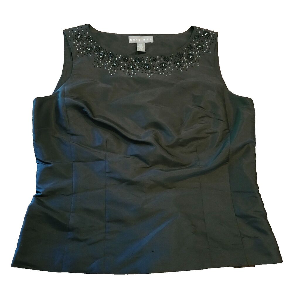 KATE HILL beaded silk evening blouse size 8 sleeveless black top formal
